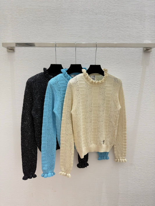CC 25 Ruffled Gold and Silver Hollow-Out Crew Neck Knit Long Sleeve Cashmere