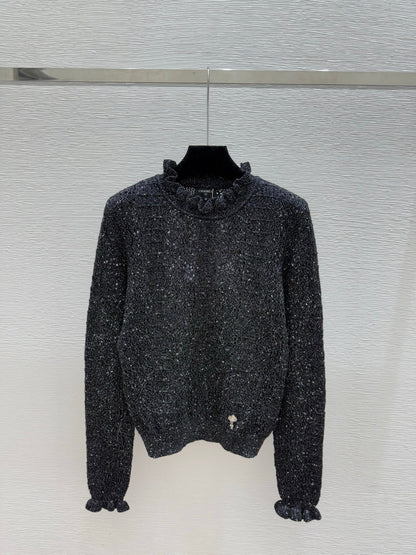 CC 25 Ruffled Gold and Silver Hollow-Out Crew Neck Knit Long Sleeve Cashmere