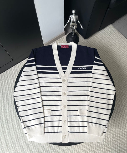 Gucci 25Fw Navy Blue Striped Contrast Knit Cardigan 109556