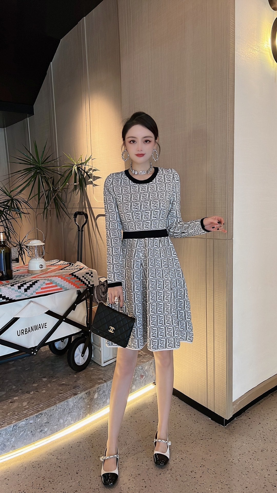 Fendi FF Logo Long Sleeve Jacquard Round Collar Gray Fabric Dress
