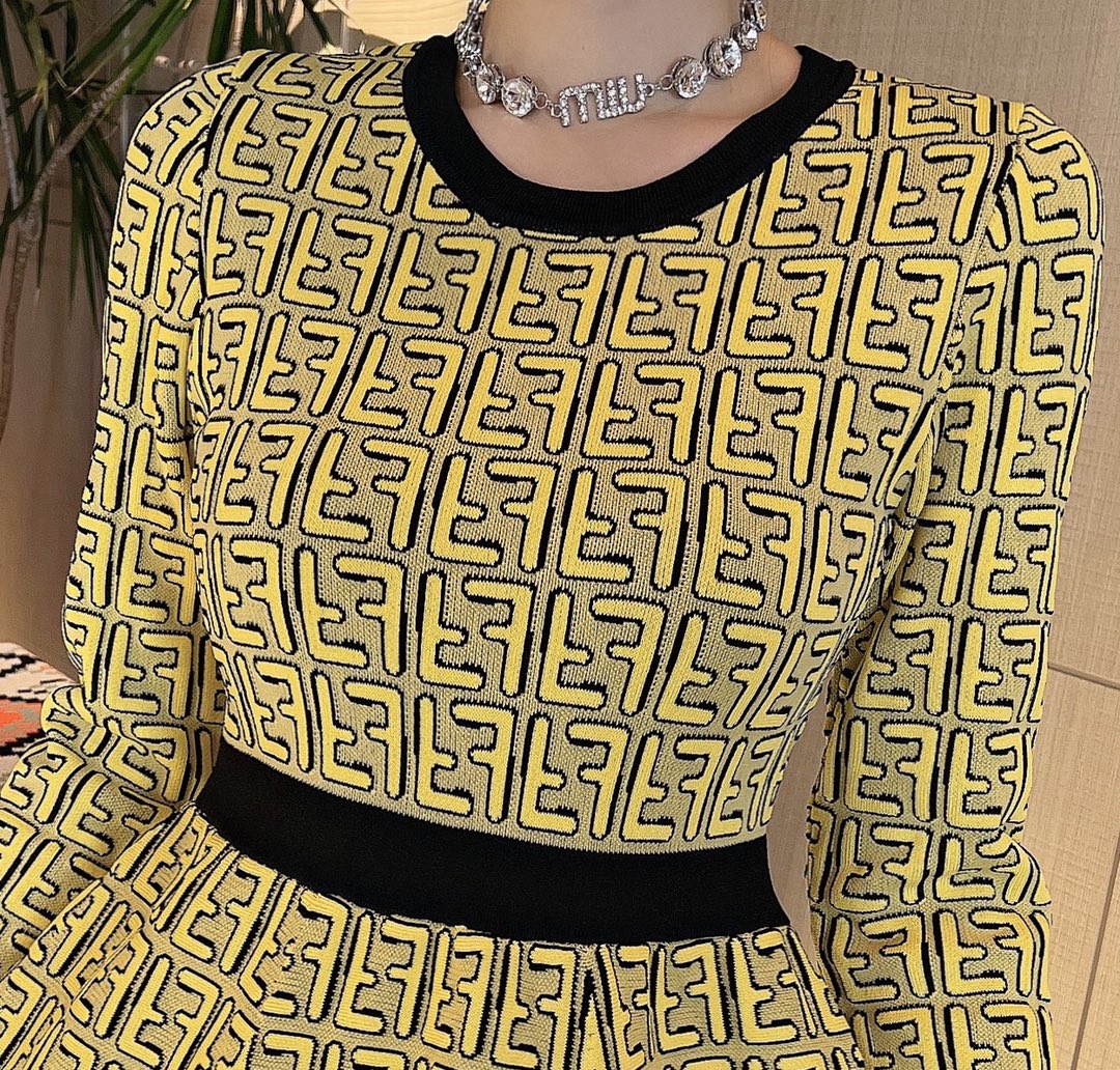Fendi FF Logo Long Sleeve Jacquard Round Collar Yellow Fabric Dress