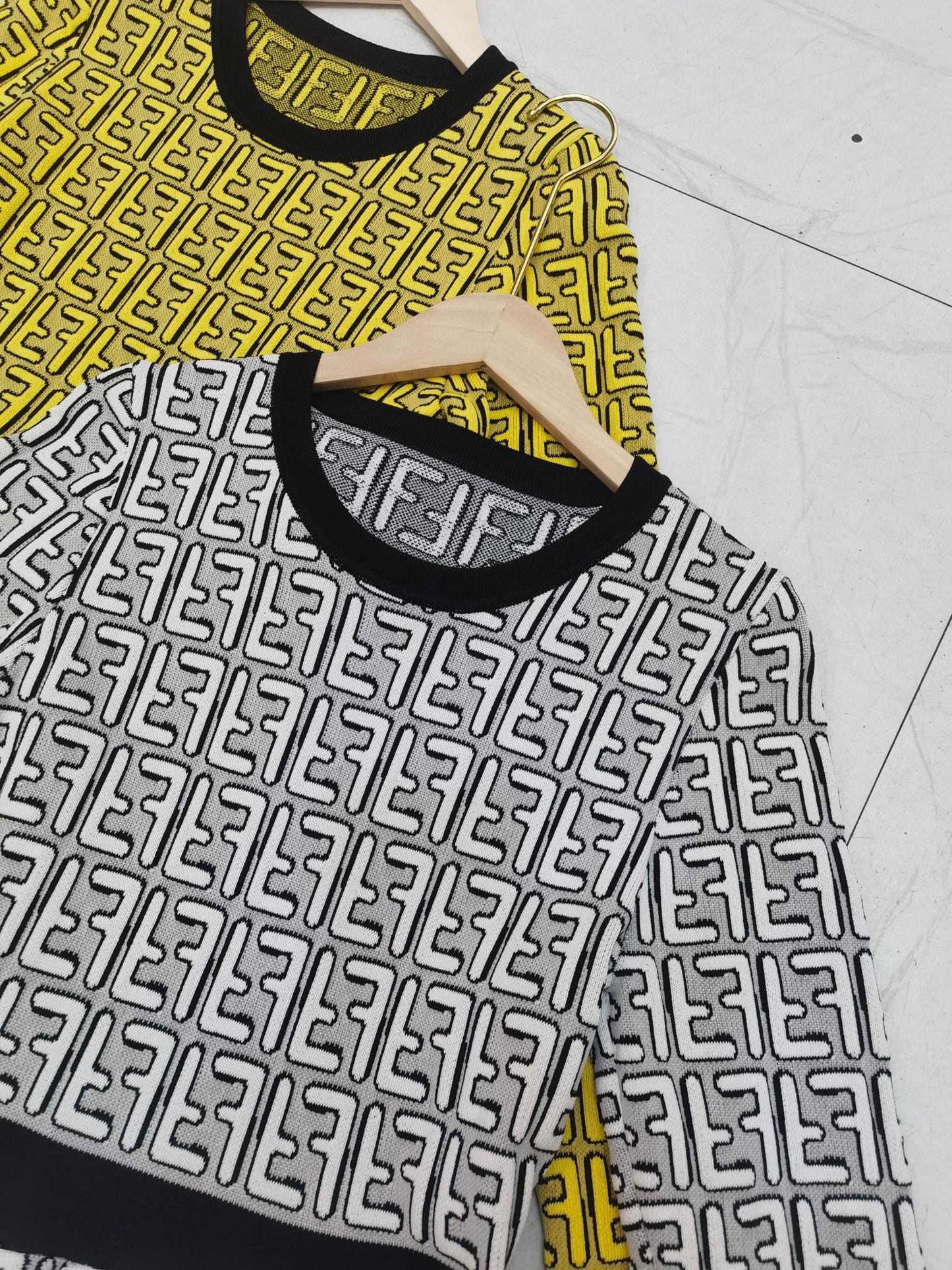 Fendi FF Logo Long Sleeve Jacquard Round Collar Gray Fabric Dress