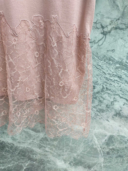 Fendi 25SS Polo Collar Lace Hem Soft Pink Cashmere Shirt