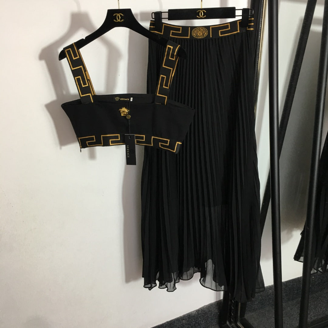 Versace Metal-Embellished Tube-Top Camisole and High-Waisted Pleated Skirt Set