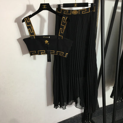 Versace Metal-Embellished Tube-Top Camisole and High-Waisted Pleated Skirt Set