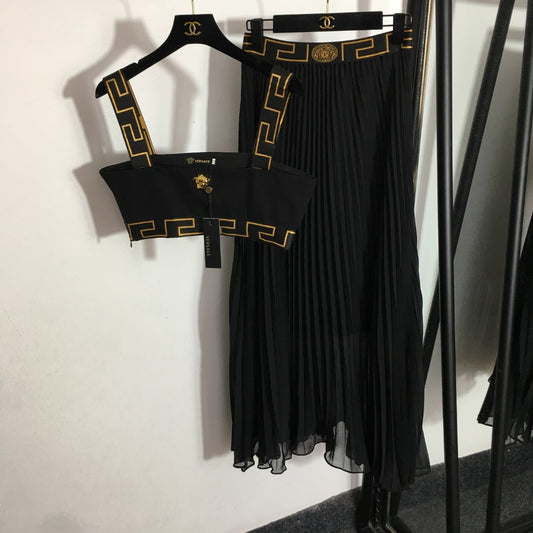 Versace Metal-Embellished Tube-Top Camisole and High-Waisted Pleated Skirt Set