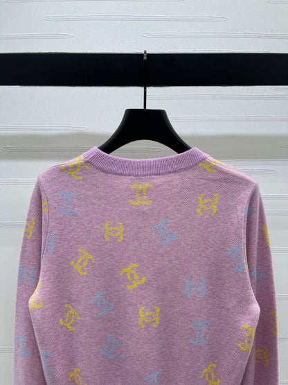 CC 25 Jacquard Long-Sleeved Pullover Sweater Pink Wool