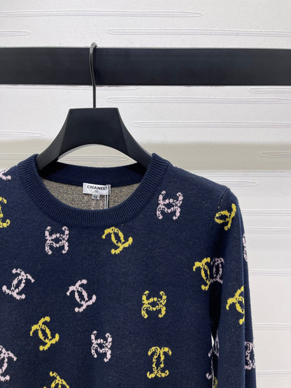 CC 25 Jacquard Long-Sleeved Pullover Sweater Black Wool