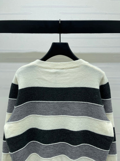 CC 25 Round-Neck Knitted Wool Cashmere Striped Cardigan
