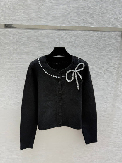 CC 25F Heavy Bow Beaded Round Neck Knit Wool Cashmere Long-Sleeved Cardigan