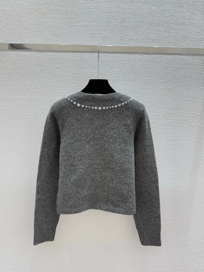 CC 25F Heavy Bow Beaded Round Neck Knit Wool Cashmere Long-Sleeved Cardigan