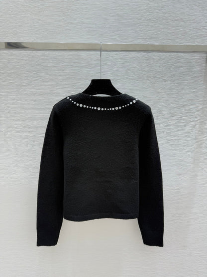 CC 25F Heavy Bow Beaded Round Neck Knit Wool Cashmere Long-Sleeved Cardigan