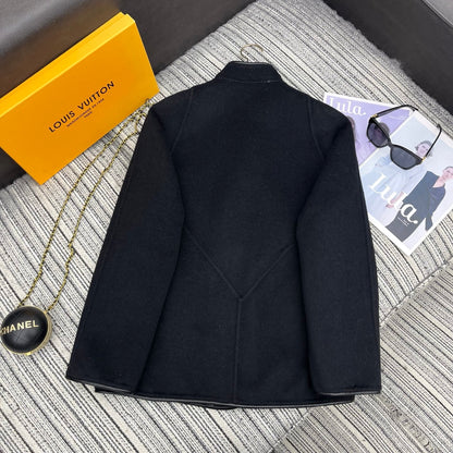 LV 25FW Double-Faced Wool Coat Jacket Lambskin Edge Black 311694