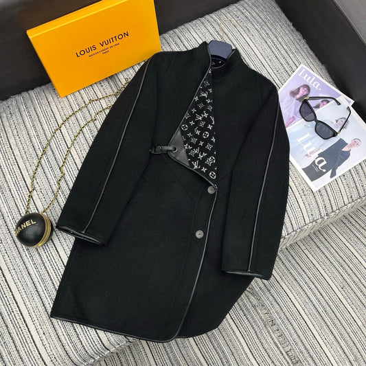 LV 25FW Double-Faced Wool Long Coat Lambskin Edge Black 311676