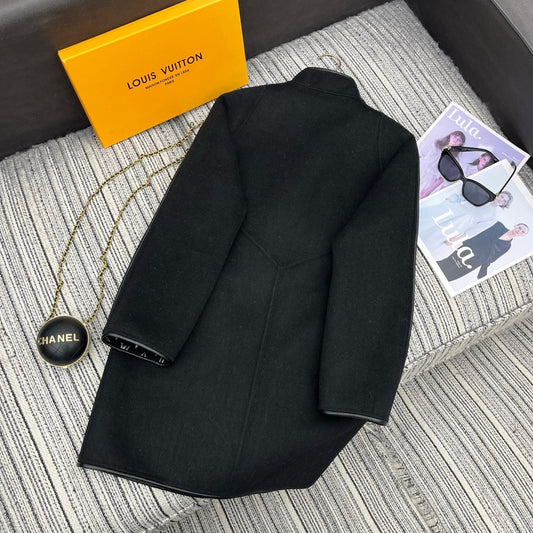 LV 25FW Double-Faced Wool Long Coat Lambskin Edge Black 311676