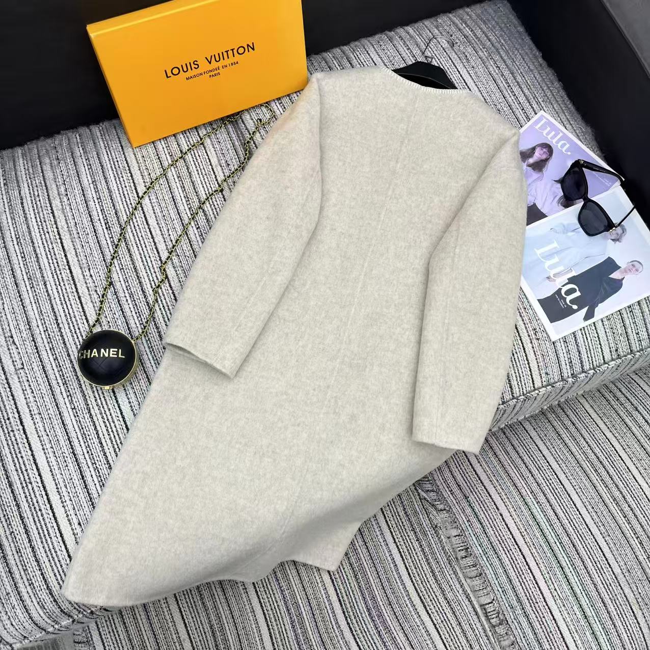 LV 25FW Double-Faced Wool Long Coat Light Gray 311668