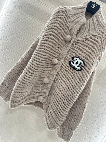 CC 25 Double C Hollow Letter Knit Brown Cardigan
