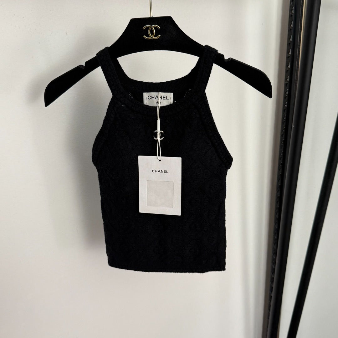 CC Diamond Logo Embellished Off-the-Shoulder Knit Camisole