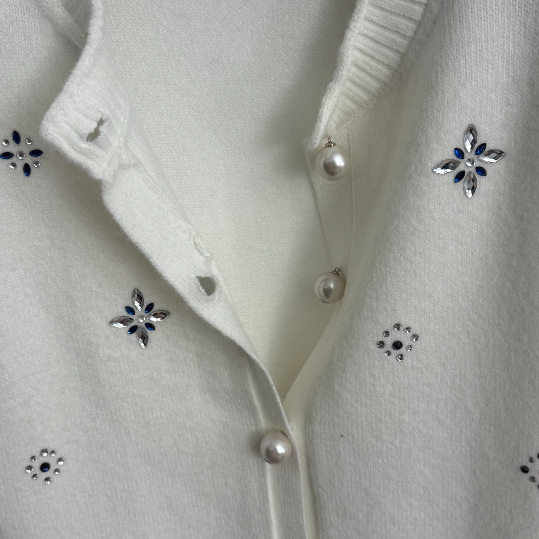 CC Pearl Button Round Neck Long-sleeved Knitted Cardigan