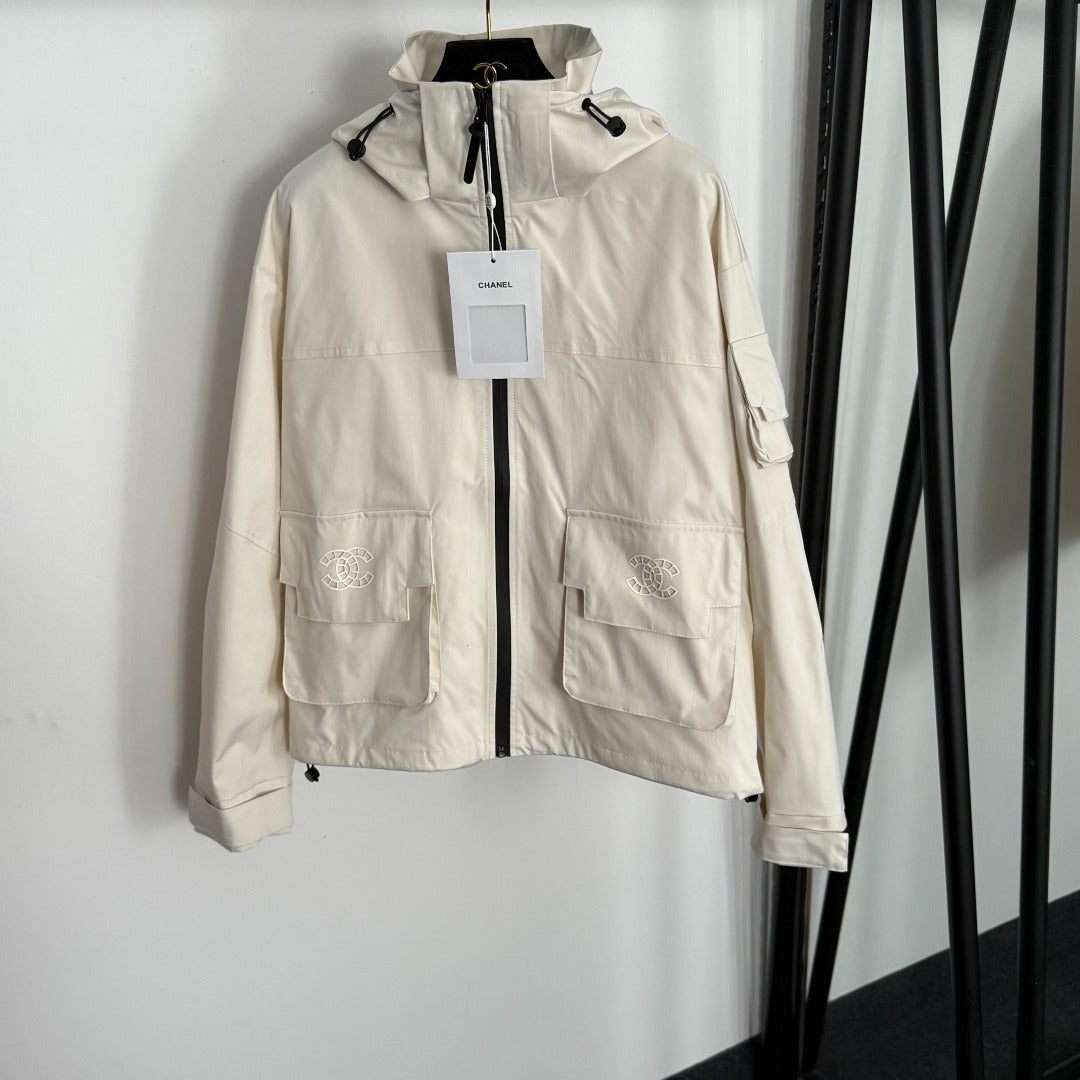 CC Pocket Velcro Long-sleeved Hooded Windbreaker Jacket