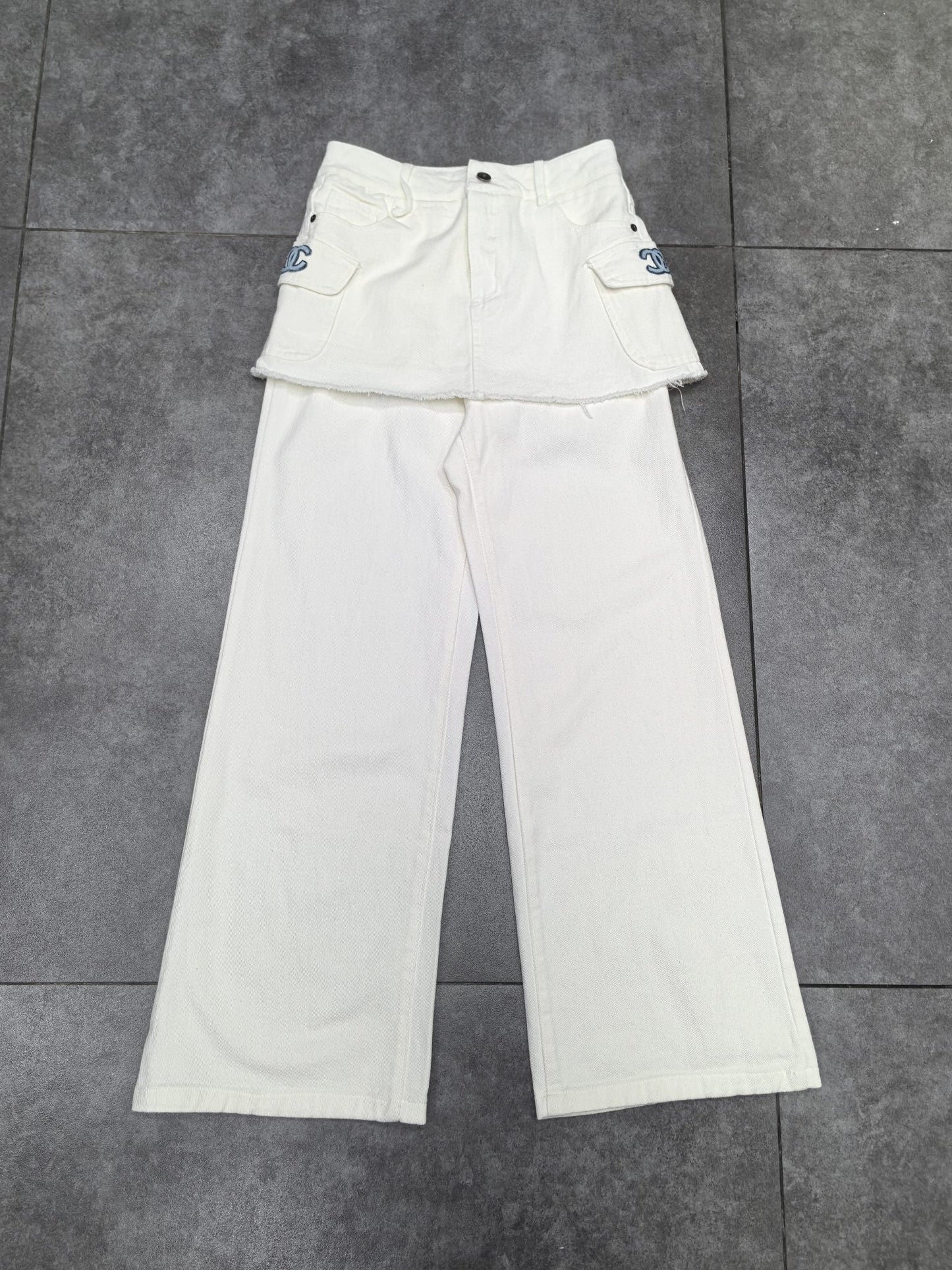 CC Faux Two-Piece Denim Trousers With Trims