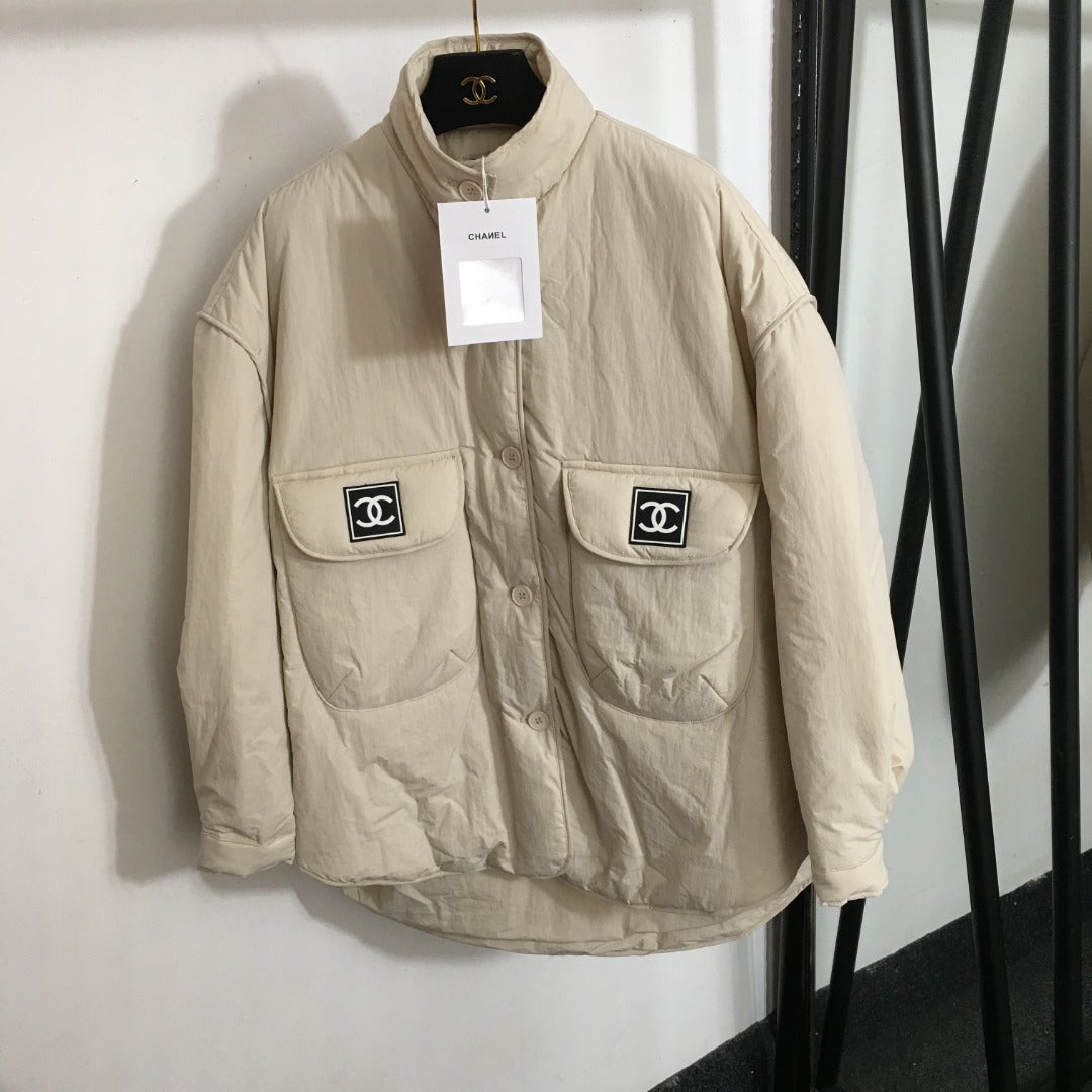 CC Logo Offset Printed Double Pocket Stand Collar Long Sleeve Cotton Jacket