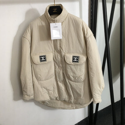 CC Logo Offset Printed Double Pocket Stand Collar Long Sleeve Cotton Jacket