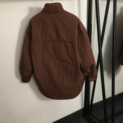 CC Logo Offset Printed Double Pocket Stand Collar Long Sleeve Cotton Jacket
