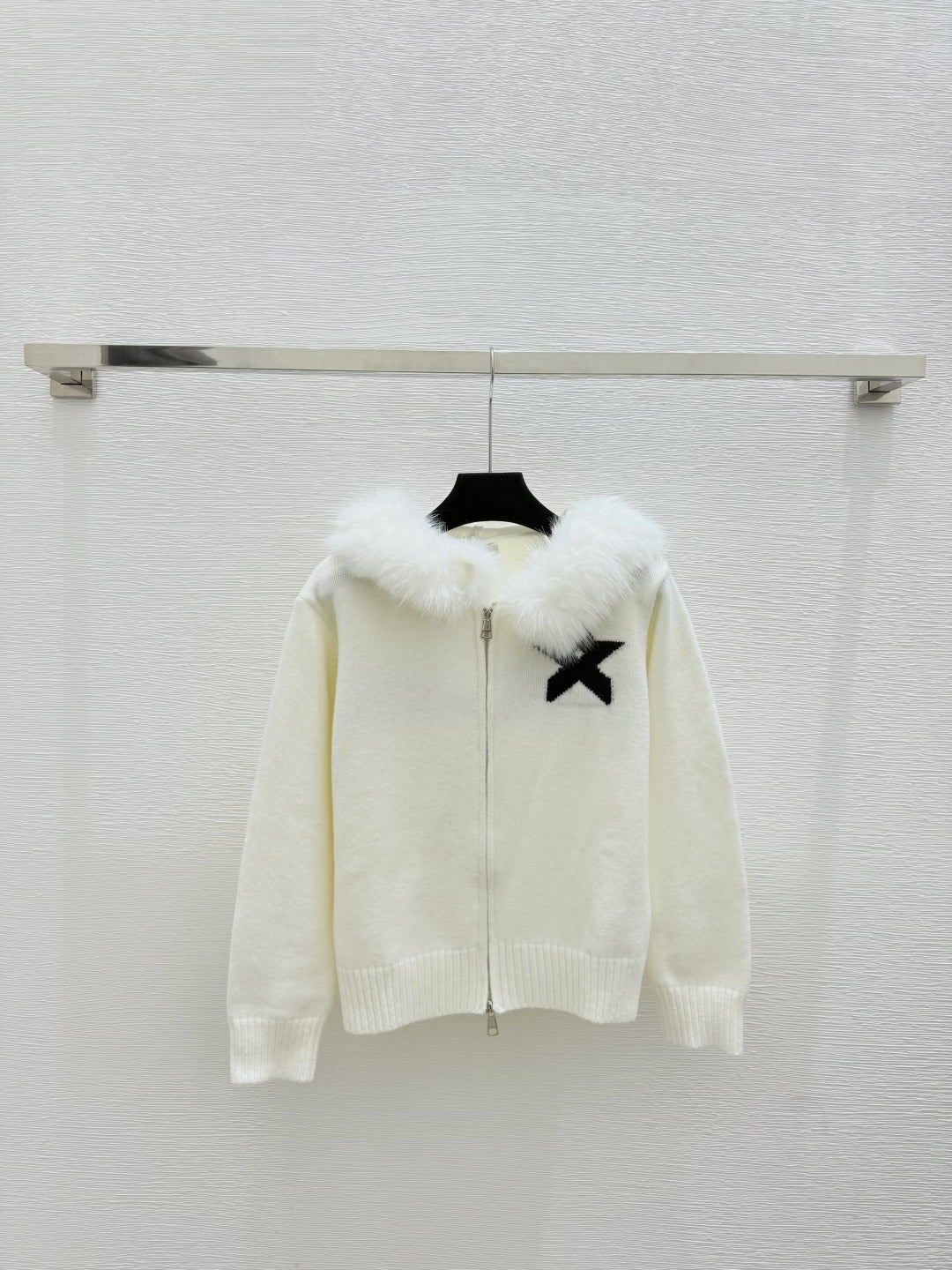 CD Feather-embellished Hooded Knit Long-sleeved Cardigan with Back Lettering