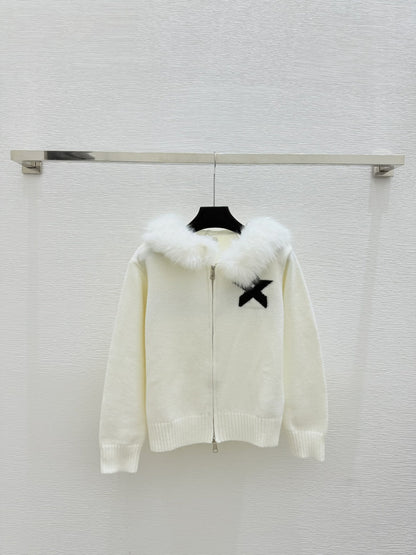 CD Feather-embellished Hooded Knit Long-sleeved Cardigan with Back Lettering