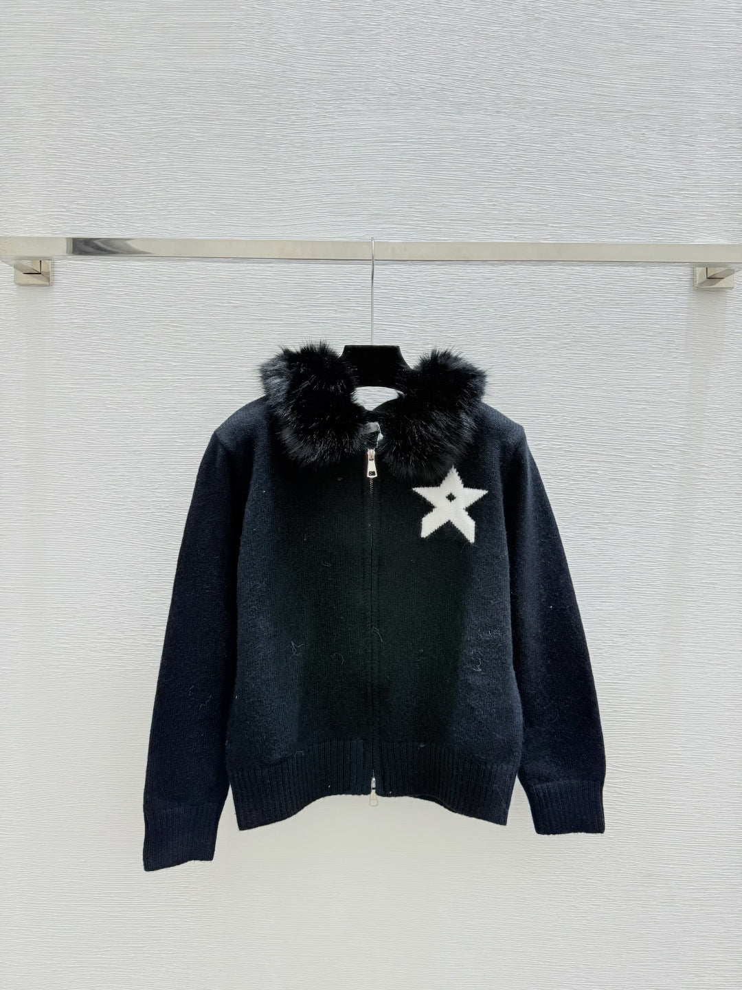 CD Feather-embellished Hooded Knit Long-sleeved Cardigan with Back Lettering