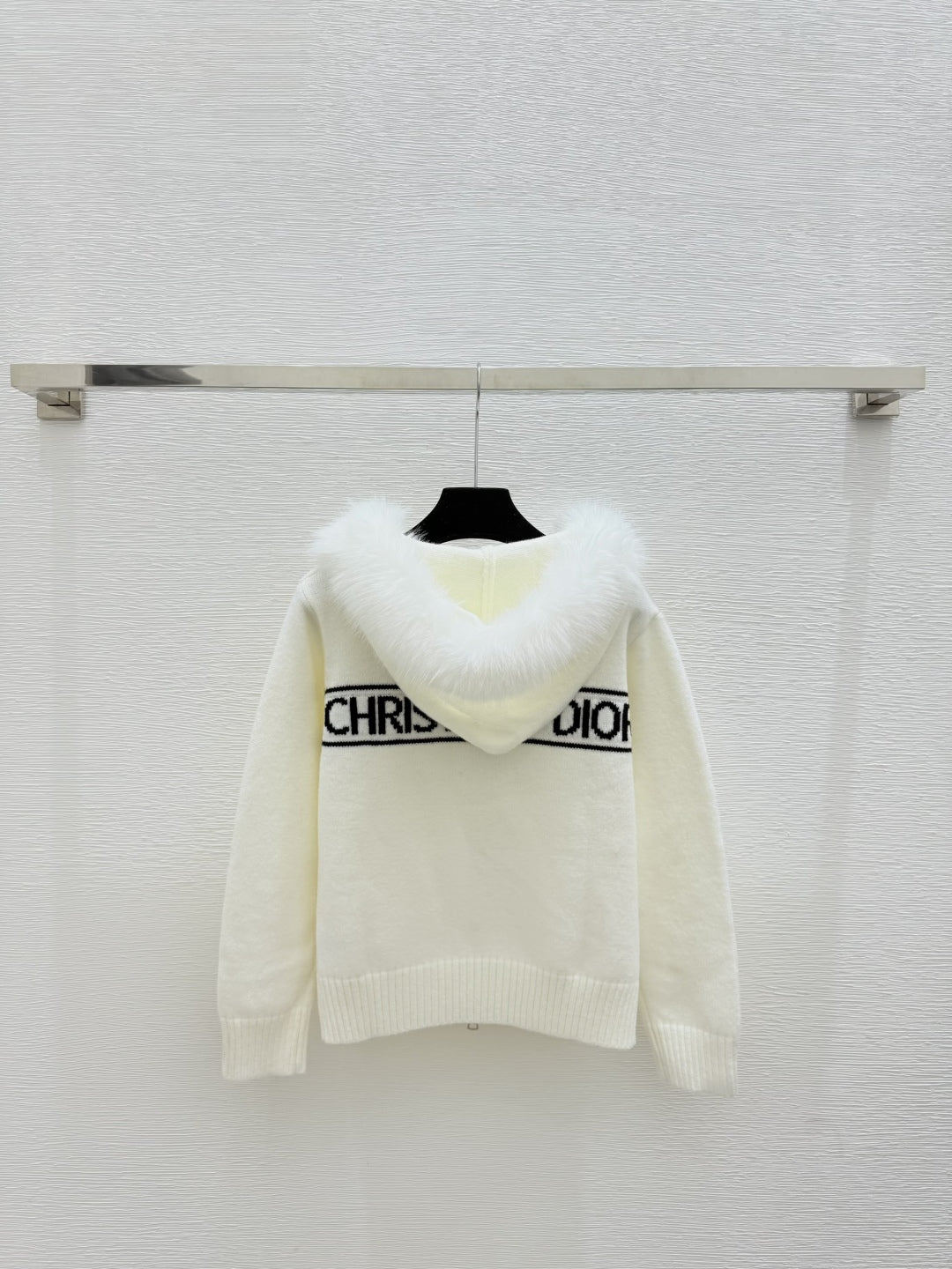 CD Feather-embellished Hooded Knit Long-sleeved Cardigan with Back Lettering
