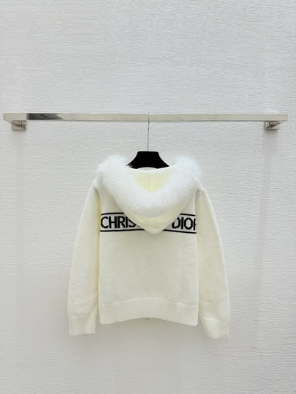 CD Feather-embellished Hooded Knit Long-sleeved Cardigan with Back Lettering