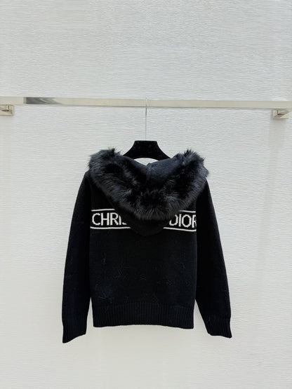 CD Feather-embellished Hooded Knit Long-sleeved Cardigan with Back Lettering