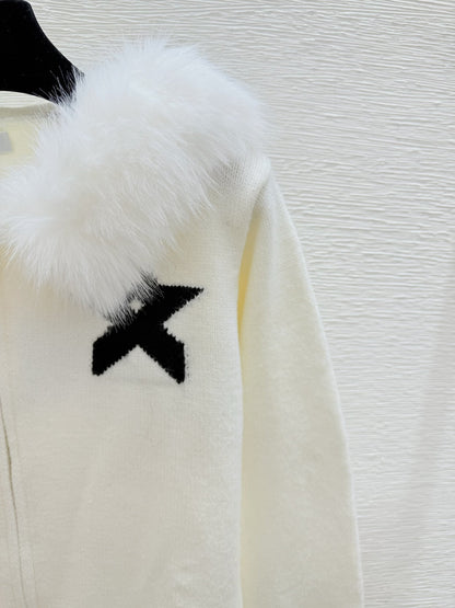 CD Feather-embellished Hooded Knit Long-sleeved Cardigan with Back Lettering