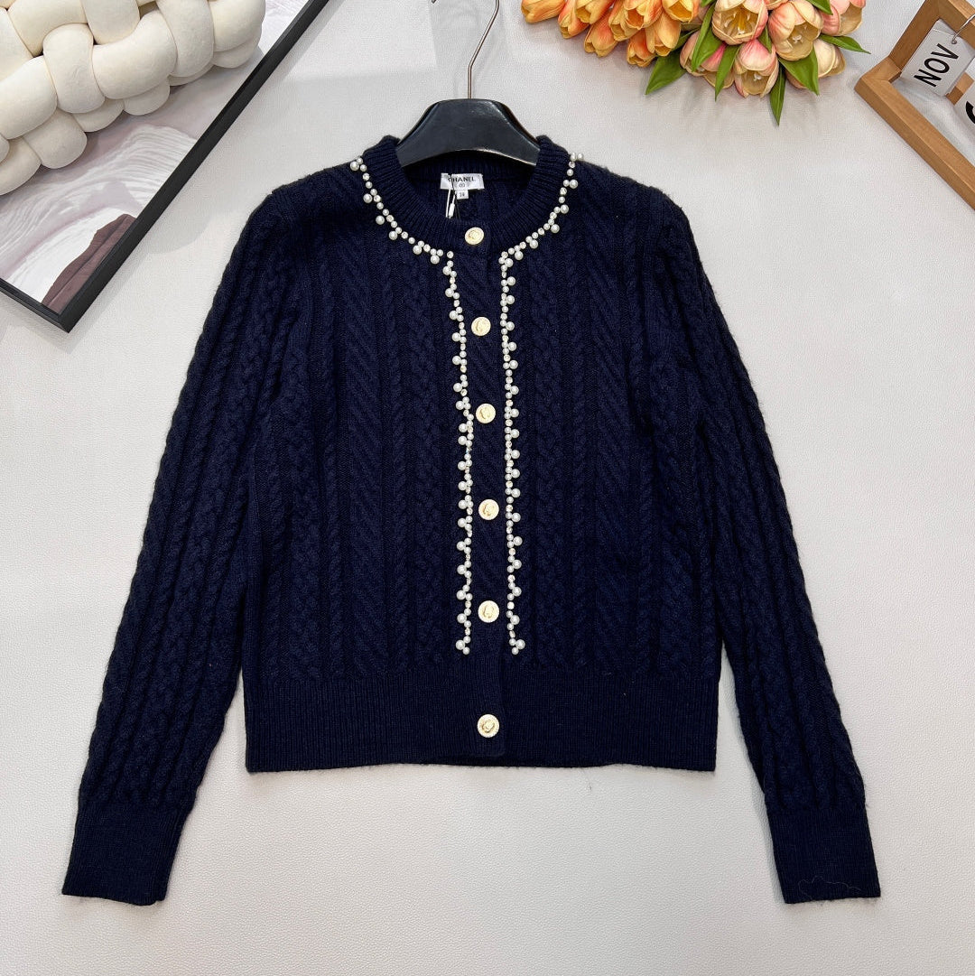 Chanel Cable Knit Crew Neck Cardigan Navy Blue in Wool 799529