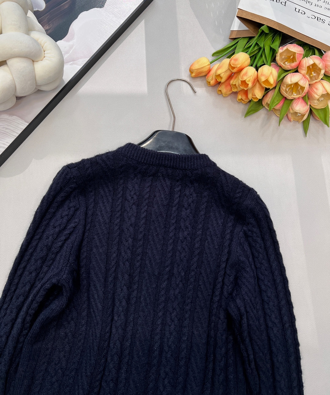 Chanel Cable Knit Crew Neck Cardigan Navy Blue in Wool 799529