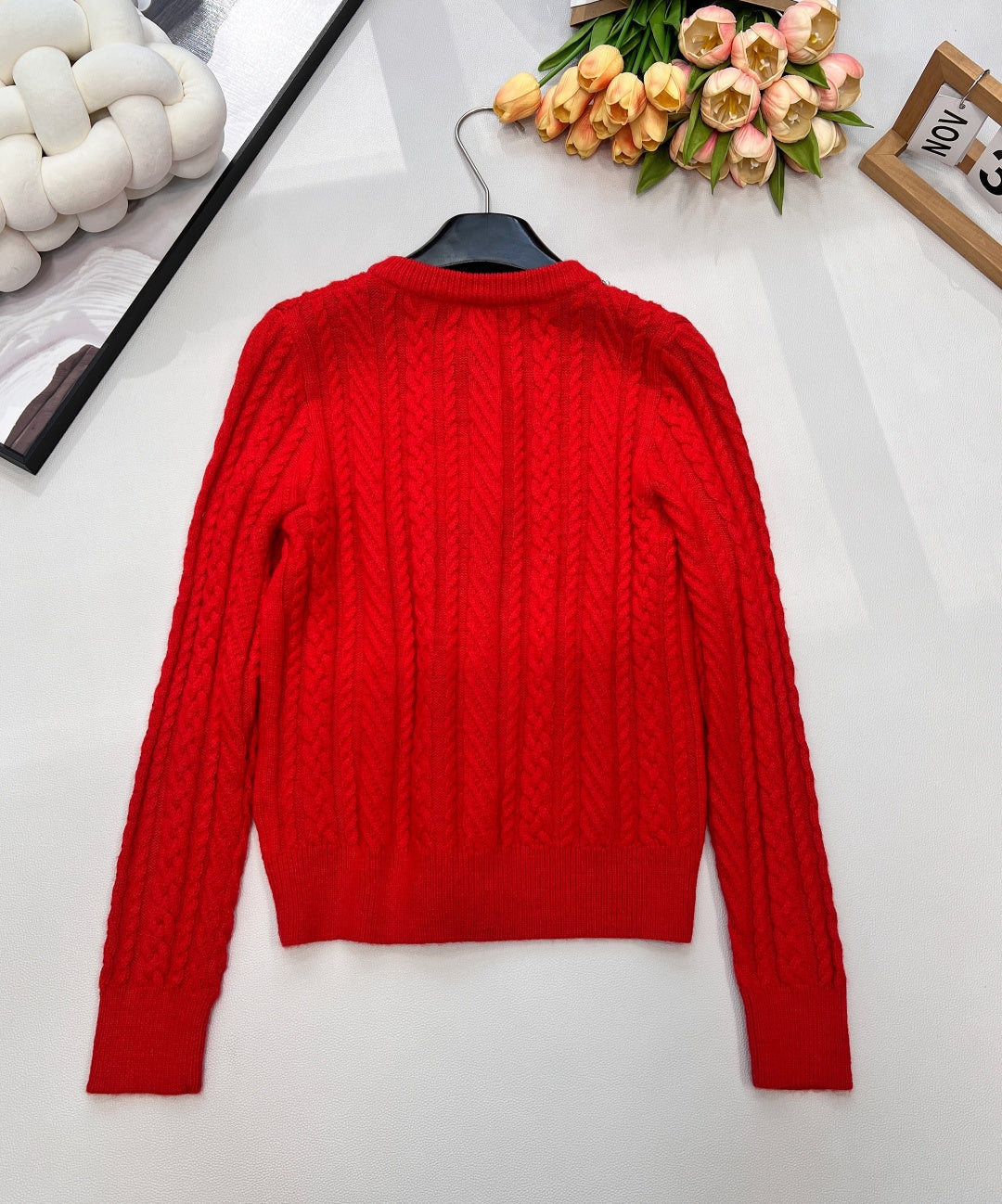 Chanel Cable Knit Crew Neck Cardigan Red in Wool 799524