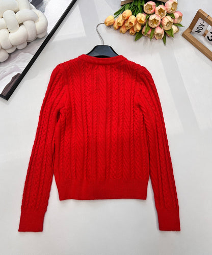 Chanel Cable Knit Crew Neck Cardigan Red in Wool 799524