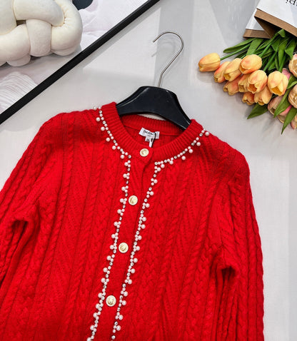Chanel Cable Knit Crew Neck Cardigan Red in Wool 799524