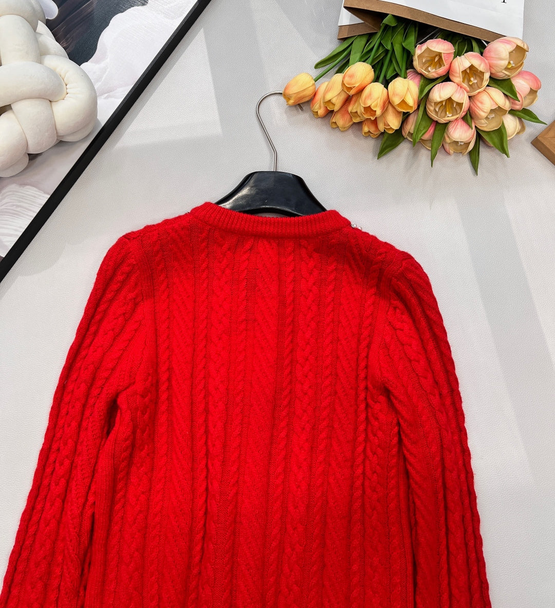 Chanel Cable Knit Crew Neck Cardigan Red in Wool 799524