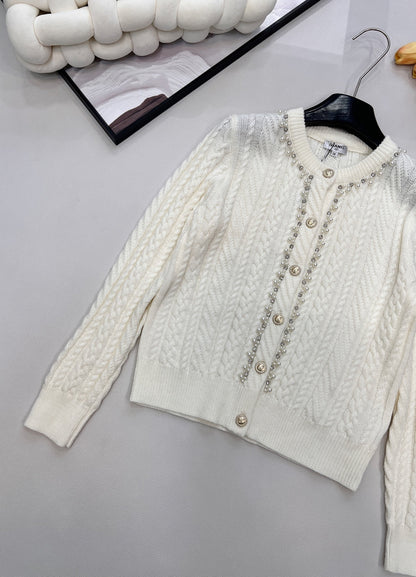 Chanel Cable Knit Crew Neck Cardigan White in Wool 799518