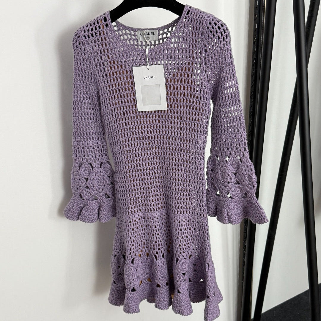 Chanel Hollow-out Knit Flared Long-Sleeve Purple Dress Cashmere20254806
