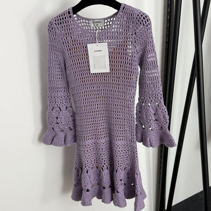 Chanel Hollow-out Knit Flared Long-Sleeve Purple Dress Cashmere20254806