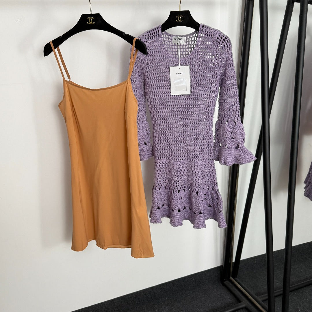 Chanel Hollow-out Knit Flared Long-Sleeve Purple Dress Cashmere20254806