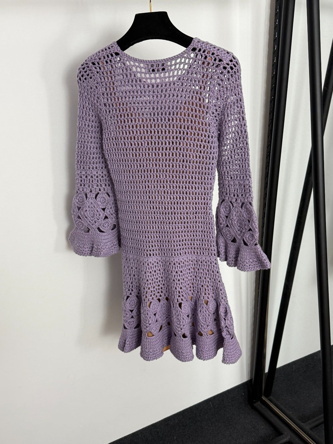Chanel Hollow-out Knit Flared Long-Sleeve Purple Dress Cashmere20254806