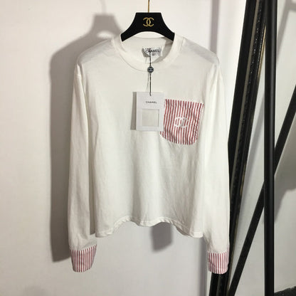 Chanel  Striped Color Block Pocket Crew Neck Long Sleeve T-Shirt