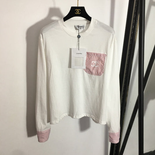 Chanel  Striped Color Block Pocket Crew Neck Long Sleeve T-Shirt