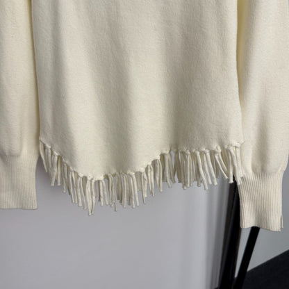 Chanel Metal Logo Lettering Pearl Gold Necklace Tassel Long-Sleeve Knit Top