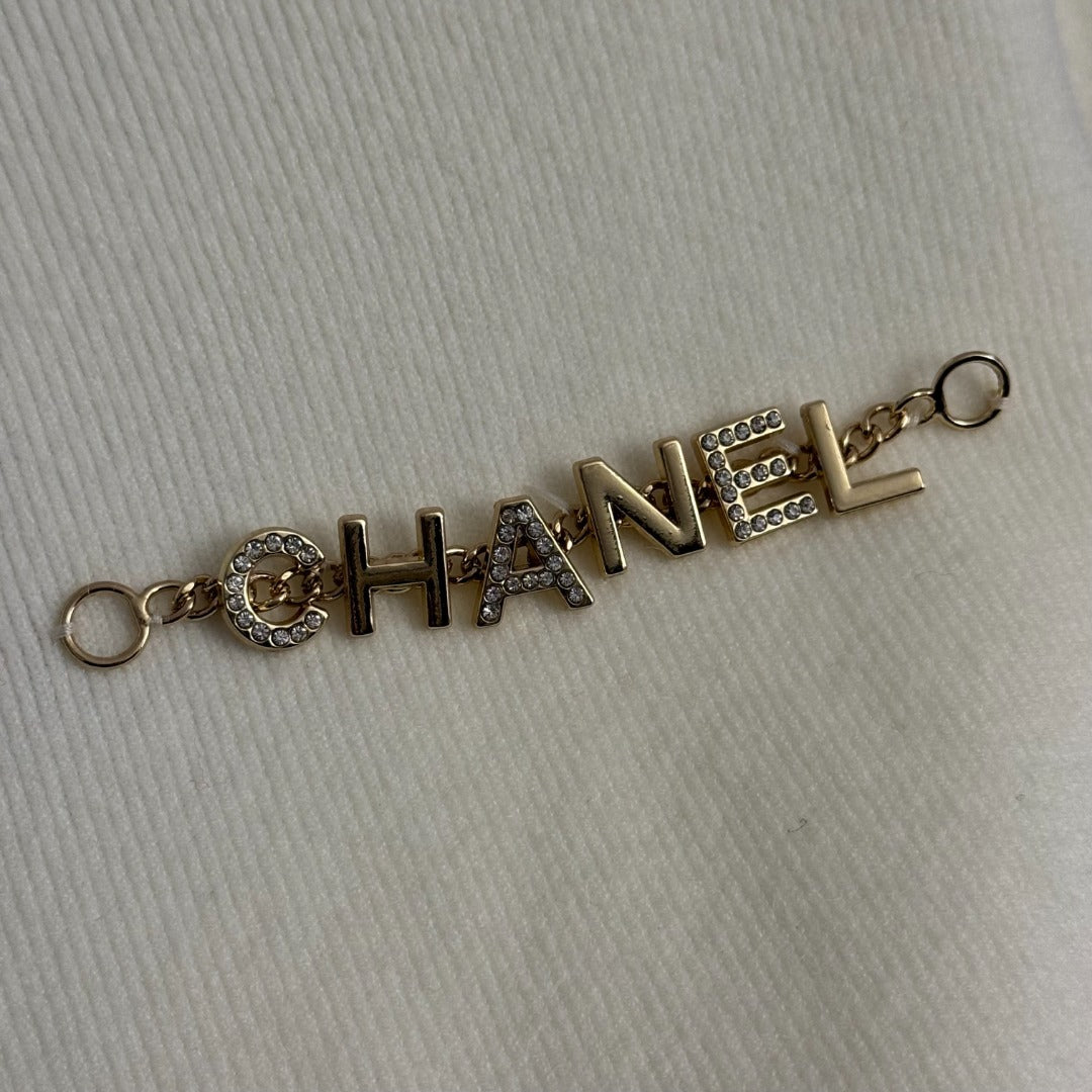 Chanel Metal Logo Lettering Pearl Gold Necklace Tassel Long-Sleeve Knit Top
